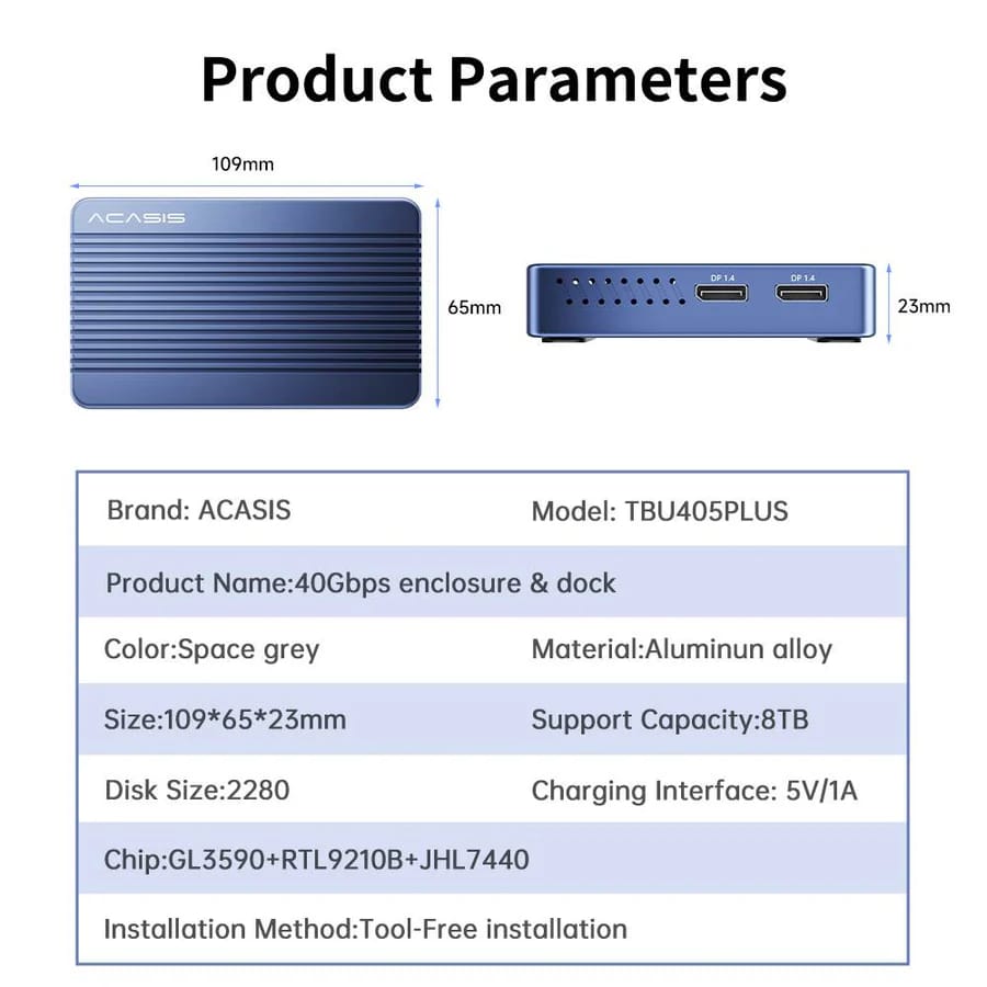 ACASIS Mac Mini Dock Dual Monitor with 40Gbps M.2 NVMe SSD Enclosure, 2*DP1.4, 2*USBA 3.1, 1 USBC 10Gbps, for Thunderbolt 4/USB4/3.2/3.1/3.0, M1/M2