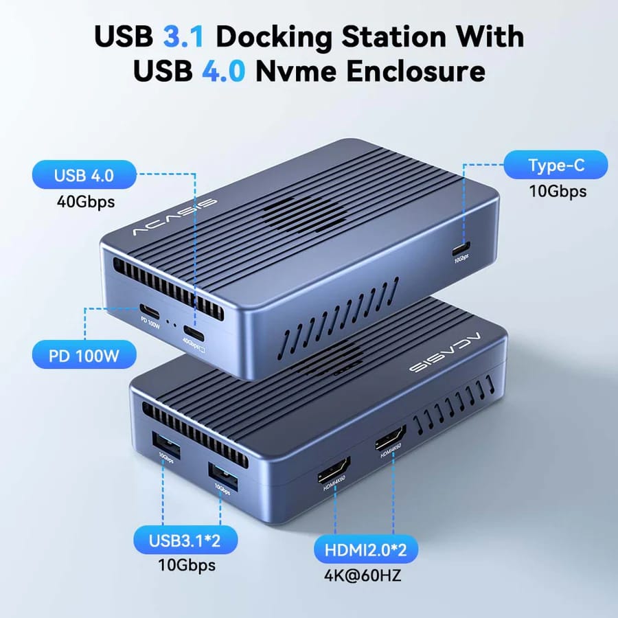 ACASIS 8-in-1 40Gbps M.2 NVMe Thunderbolt 3/4 SSD Enclosure & Dock, Single 8K or Dual 4K60Hz, 1*40Gbps, with 100W PD Adaptor, Cooling Fan, for M1/M2