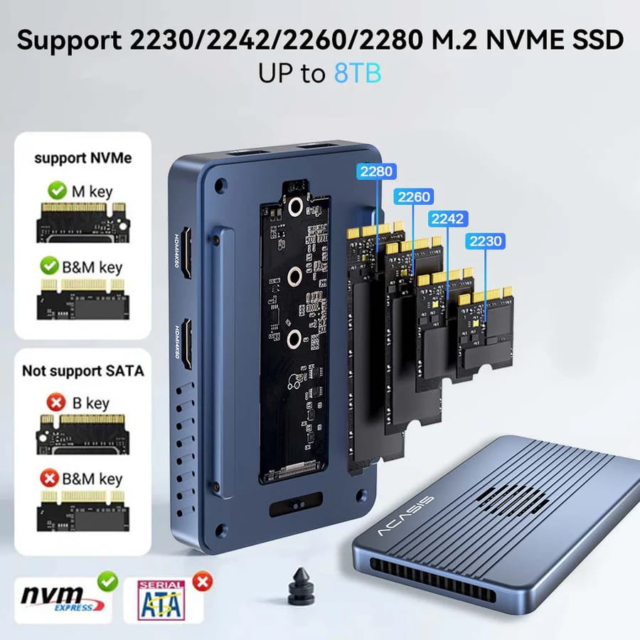ACASIS 8-in-1 40Gbps M.2 NVMe Thunderbolt 3/4 SSD Enclosure & Dock, Single 8K or Dual 4K60Hz, 1*40Gbps, with 100W PD Adaptor, Cooling Fan, for M1/M2