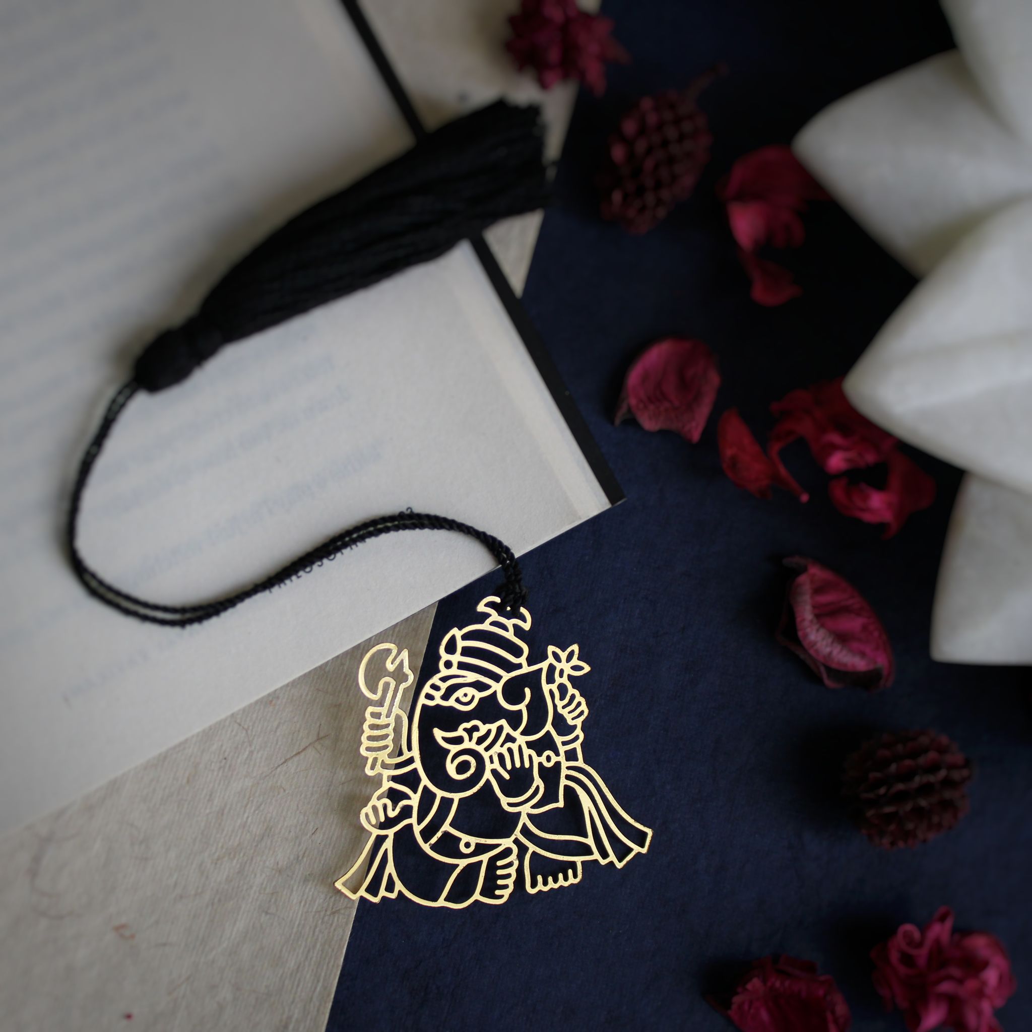 Ganesha Brass Metal Bookmark with Simple Black Tassel, Unique Design for Spiritual Reading for Book Lovers and Gifting.
