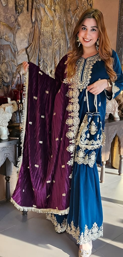 New Women Blue Purple Black Red Sharara Suit Set Salwar Kameez Readymade Pakistani Stitched New 