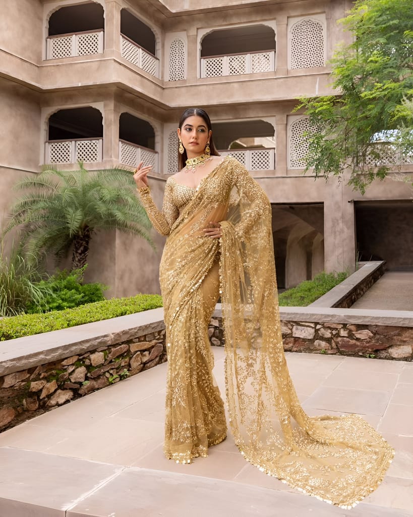 Gold Brown Readymade Designer Partywear sarees with stitched blouse New Ready To Wear Wedding Saree