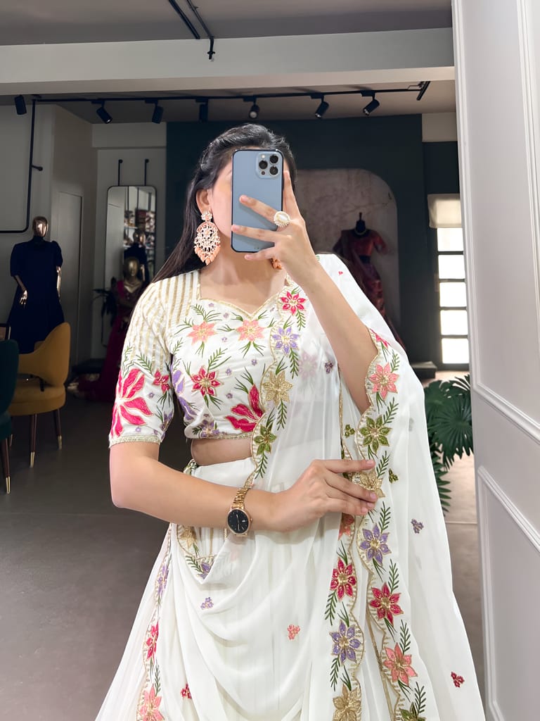 White Lehenga Choli Readymade Stitched For Wedding Women Party Skirt Ready To Wear