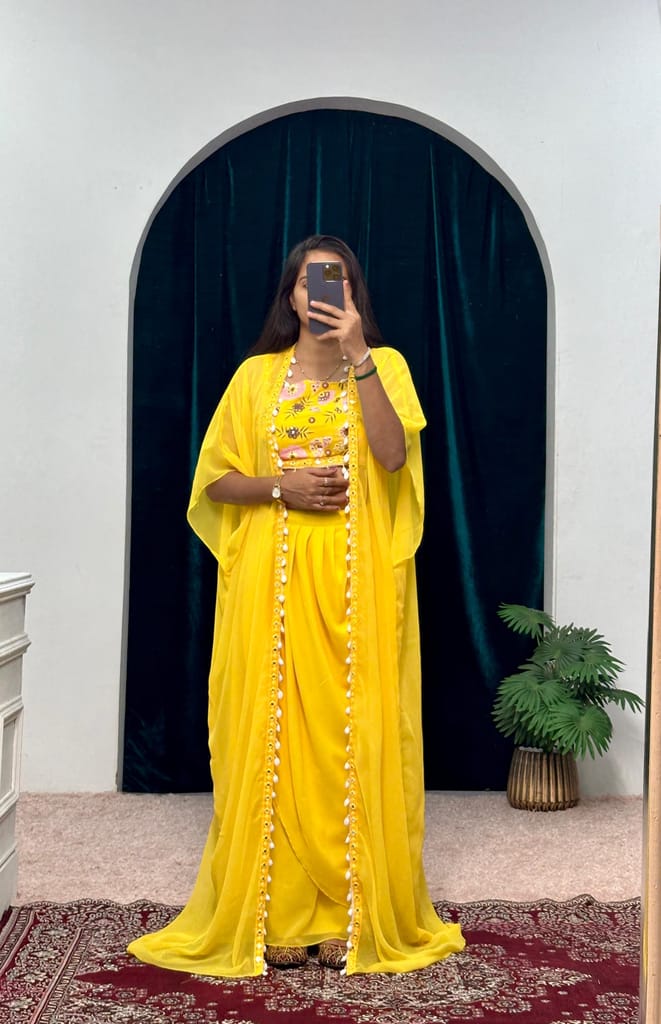 Yellow Indowestern Readymade Indian Skirt Blouse And Shrug For Wedding Lehenga Choli