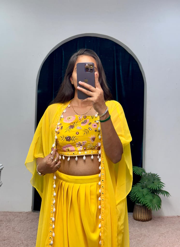 Yellow Indowestern Readymade Indian Skirt Blouse And Shrug For Wedding Lehenga Choli