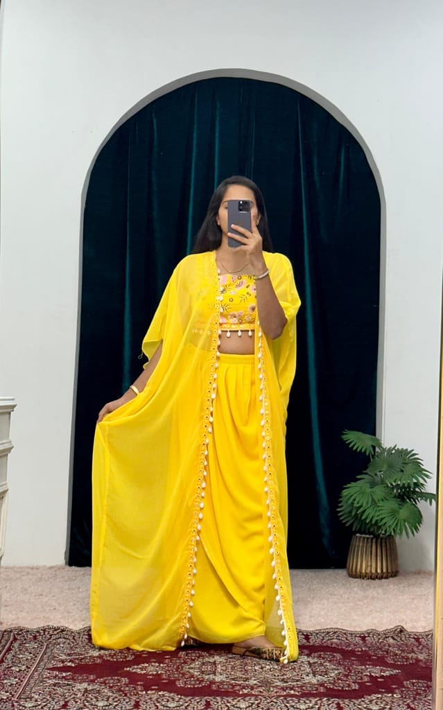 Yellow Indowestern Readymade Indian Skirt Blouse And Shrug For Wedding Lehenga Choli
