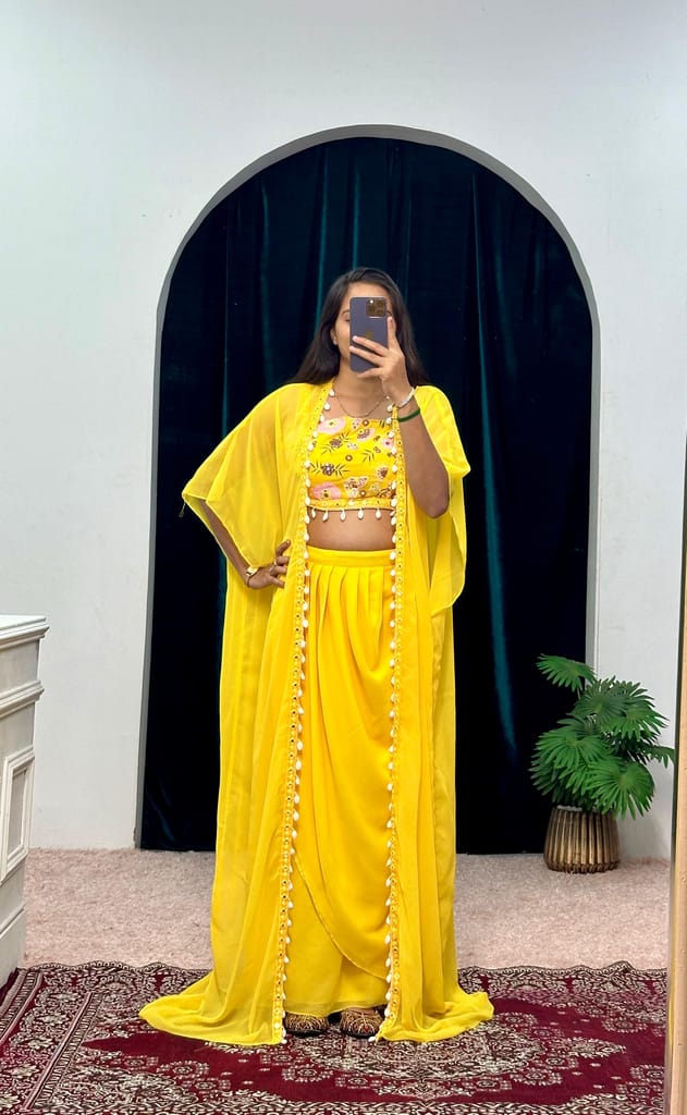 Yellow Indowestern Readymade Indian Skirt Blouse And Shrug For Wedding Lehenga Choli
