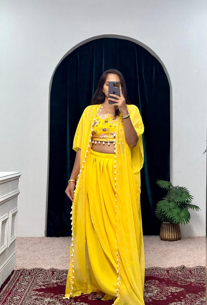 Yellow Indowestern Readymade Indian Skirt Blouse And Shrug For Wedding Lehenga Choli