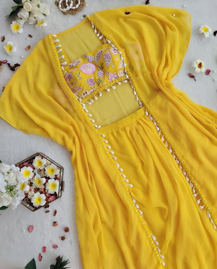 Yellow Indowestern Readymade Indian Skirt Blouse And Shrug For Wedding Lehenga Choli