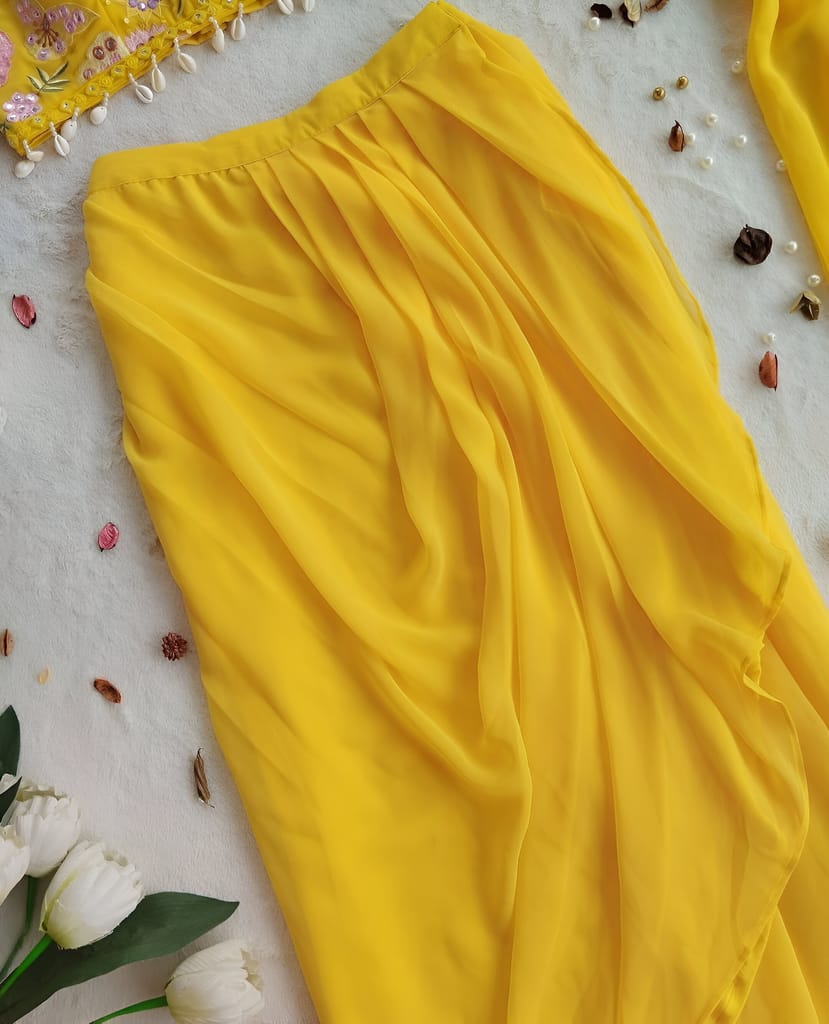Yellow Indowestern Readymade Indian Skirt Blouse And Shrug For Wedding Lehenga Choli