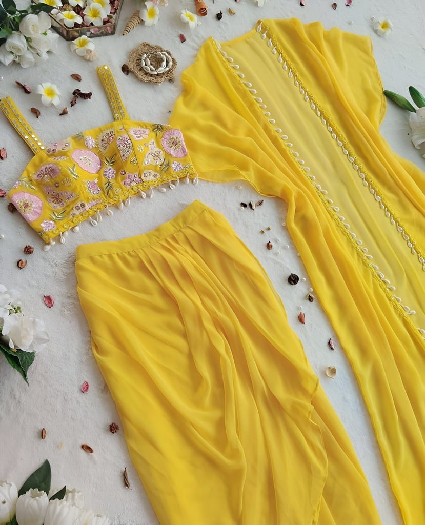 Yellow Indowestern Readymade Indian Skirt Blouse And Shrug For Wedding Lehenga Choli