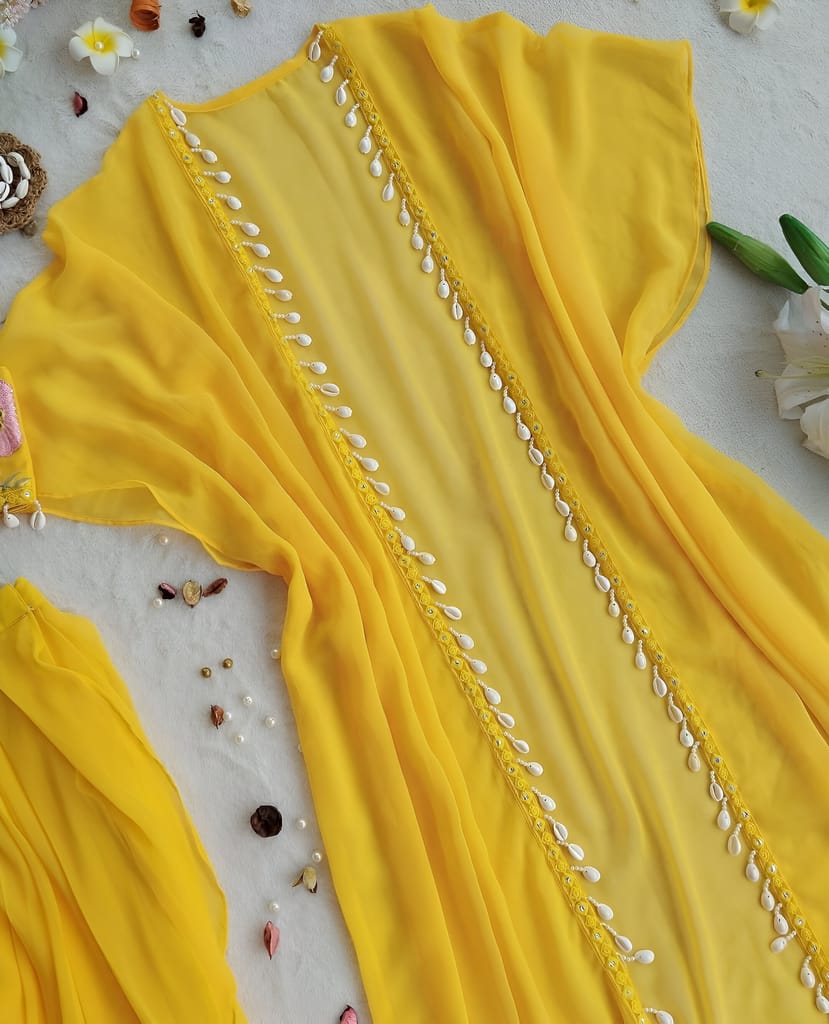 Yellow Indowestern Readymade Indian Skirt Blouse And Shrug For Wedding Lehenga Choli