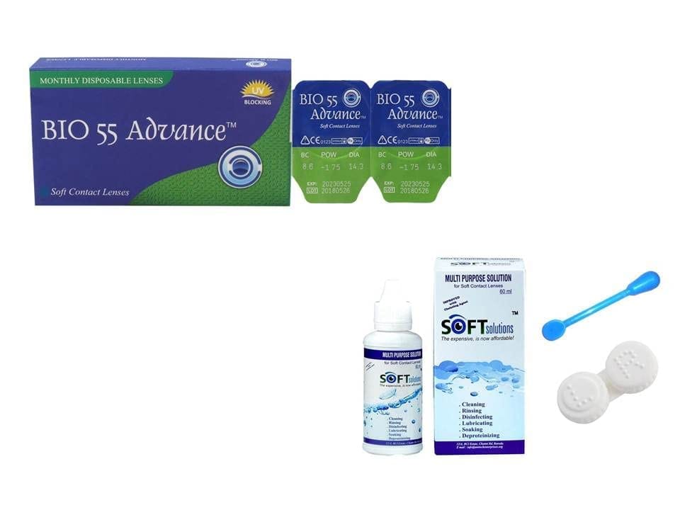 MD Bio 55 Advanced Clear Contact lenses Monthly Disposable with 60 Ml Solution, Lens Case and Lens Holder(UV Blocking, Pack of 2 Lens) (-5.50)