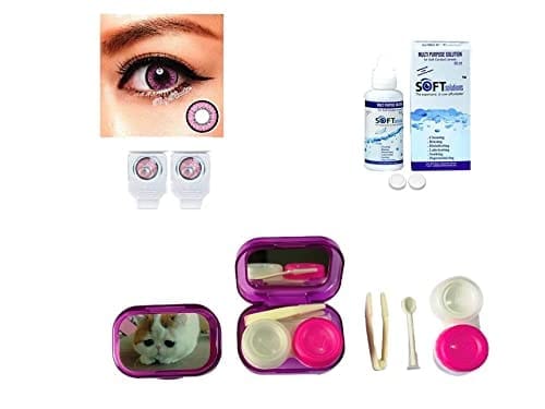 Pink MD Sparkle 1 Pair of Monthly Color Contact Lens With Travel Kit Contact Lens Case Box With Mirror, Tweezers, Contact Lens Holder and 60 ML Solution