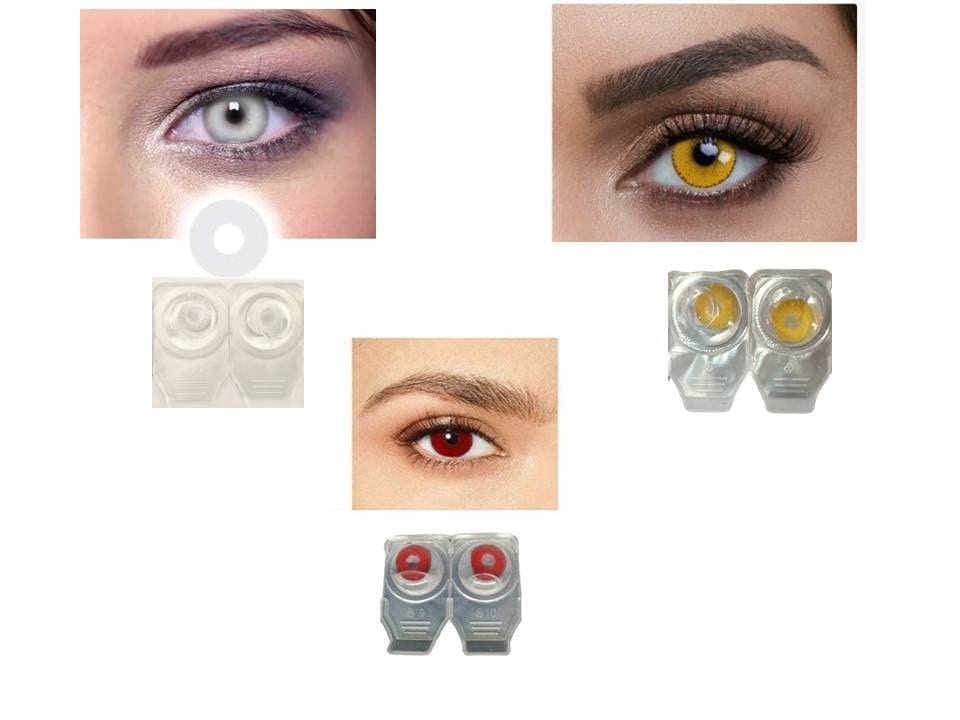 RED, WHITE AND YELLOW MD SPARKLE 3 PAIRS MONTHLY CRAZY CONTACT LENS/HORROR LENS WITH CASE, LENS HOLDER AND 60ML SOLUTION (PACK OF 3 PAIR)