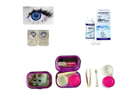 Dark Blue MD Sparkle 1 Pair of Monthly Color Contact Lens With Travel Kit Contact Lens Case Box With Mirror, Tweezers, Contact Lens Holder and 60 ML Solution