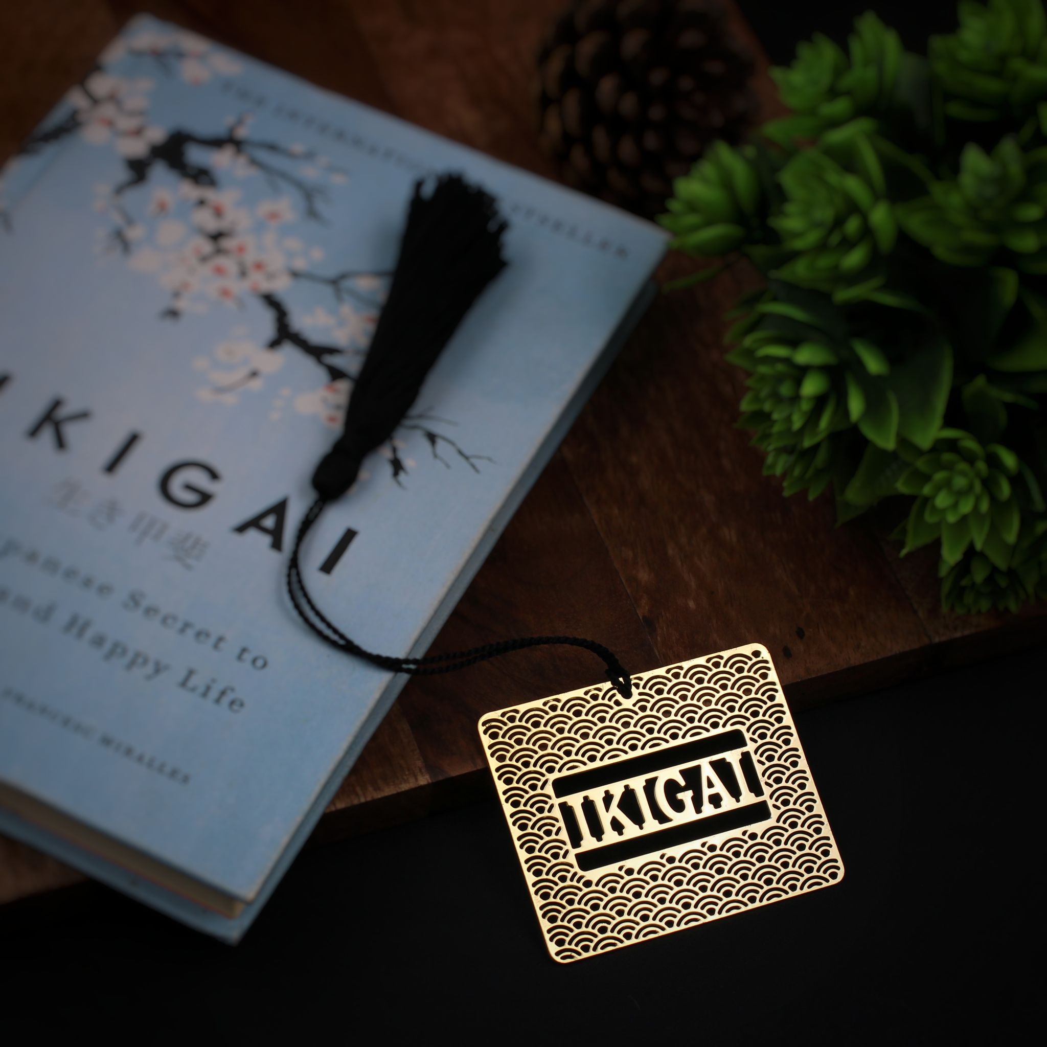 Ikigai Inspired Brass Metal Bookmark with Simple Black Tassel, Unique Japanese Design for Mindful Reading for Book Lovers and Gifting.