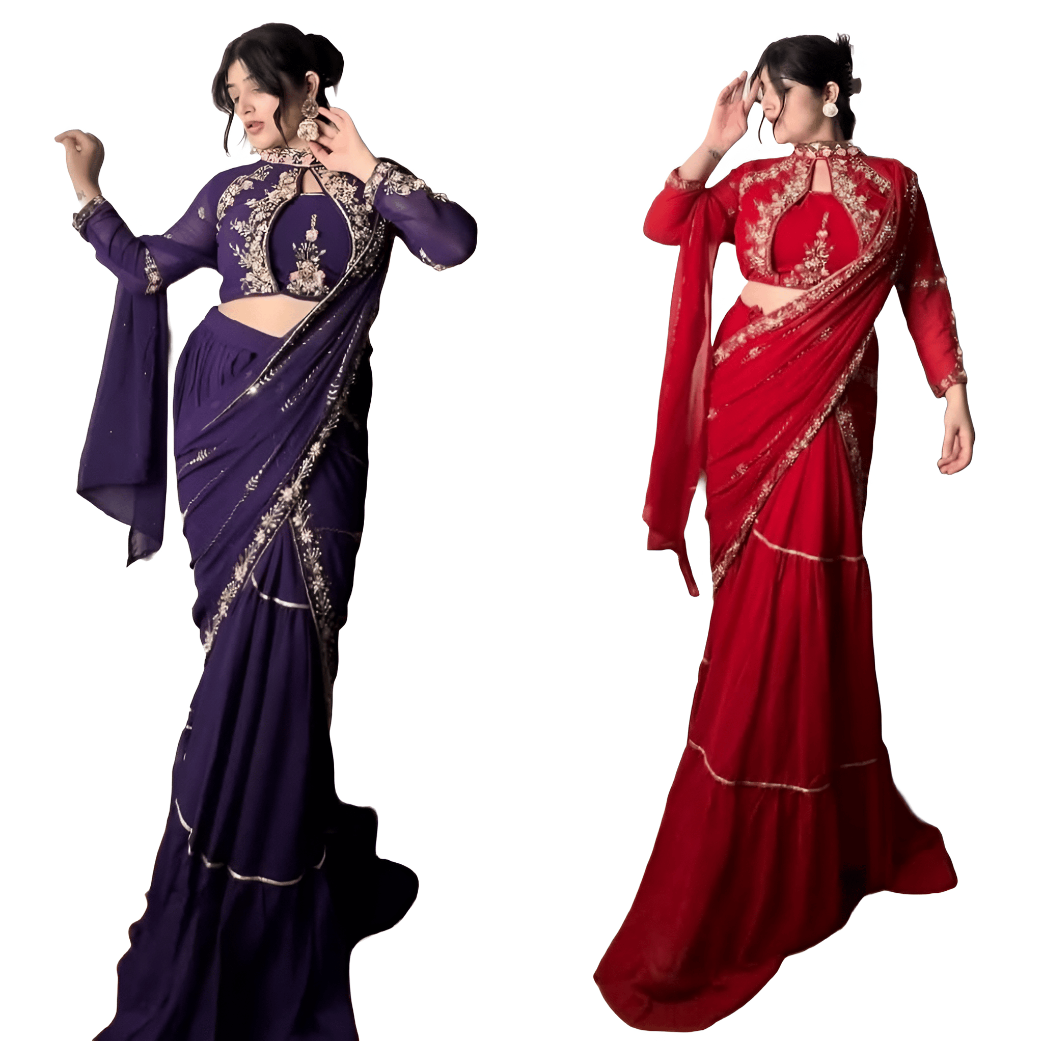 Red Purple Indian Wedding Party Lehenga Saree Ready To Wear With Stitched Blouse Readymade