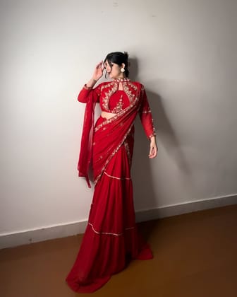 Red Purple Indian Wedding Party Lehenga Saree Ready To Wear With Stitched Blouse Readymade Red Purple Indian Wedding Party Lehenga Saree Ready To Wear With Stitched Blouse Readymade
