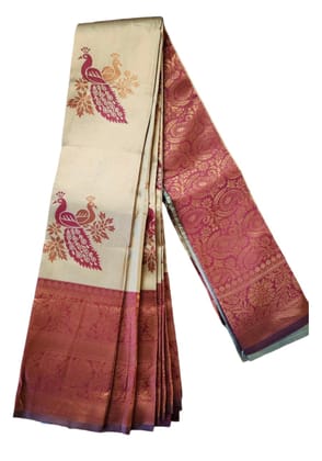 Bhavya Sri Sarees - Cream and Maroon Color Traditional Saree With Peacock zari work- Unstiched Bhavya Sri Sarees - Cream and Maroon Color Traditional Saree With Peacock zari work- Unstiched