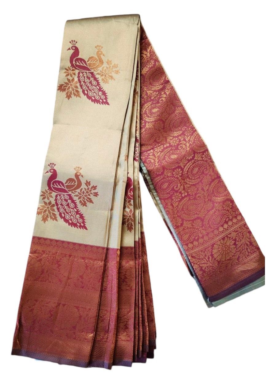Bhavya Sri Sarees - Cream and Maroon Color Traditional Saree With Peacock zari work- Unstiched