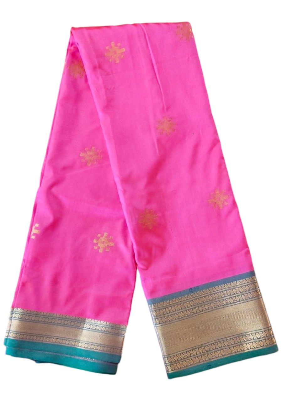 Bhavya Sri Sarees - Pink Banarasi Silk Saree With Golden Zari Work And Blue Border- Unstiched