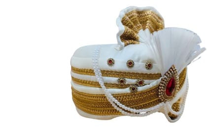 AMRUTHA GARLANDS -  White Wedding Turban with Gold and Pearl Detailing