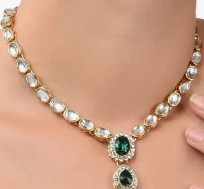 Gold-plated Kundan and Pearl Necklace Set with Green Stones Gold-plated Kundan and Pearl Necklace Set with Green Stones