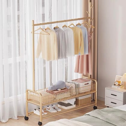  Gold Clothing Rack with 2 Tier Storage Shelves and Hanging Rod