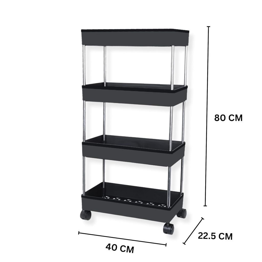  4-Tier Slim Rolling Utility Cart, Mobile Shelving Unit Organizer Storage Trolley Rack with Wheels and Handles for Kitchen, Bathroom, Office, Black