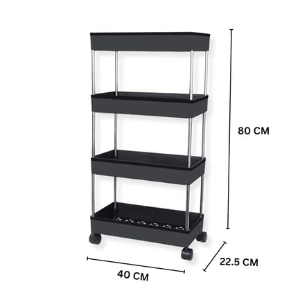  4-Tier Slim Rolling Utility Cart, Mobile Shelving Unit Organizer Storage Trolley Rack with Wheels and Handles for Kitchen, Bathroom, Office, Black