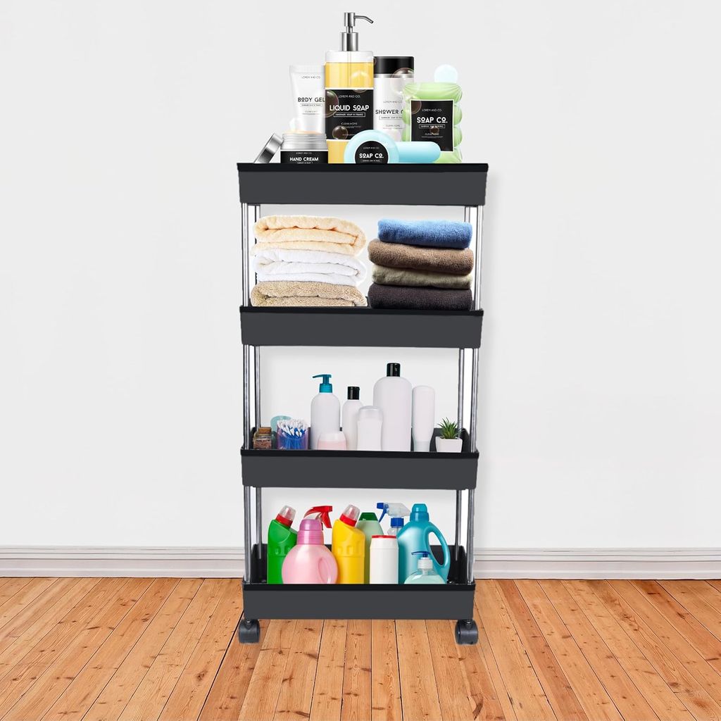  4-Tier Slim Rolling Utility Cart, Mobile Shelving Unit Organizer Storage Trolley Rack with Wheels and Handles for Kitchen, Bathroom, Office, Black