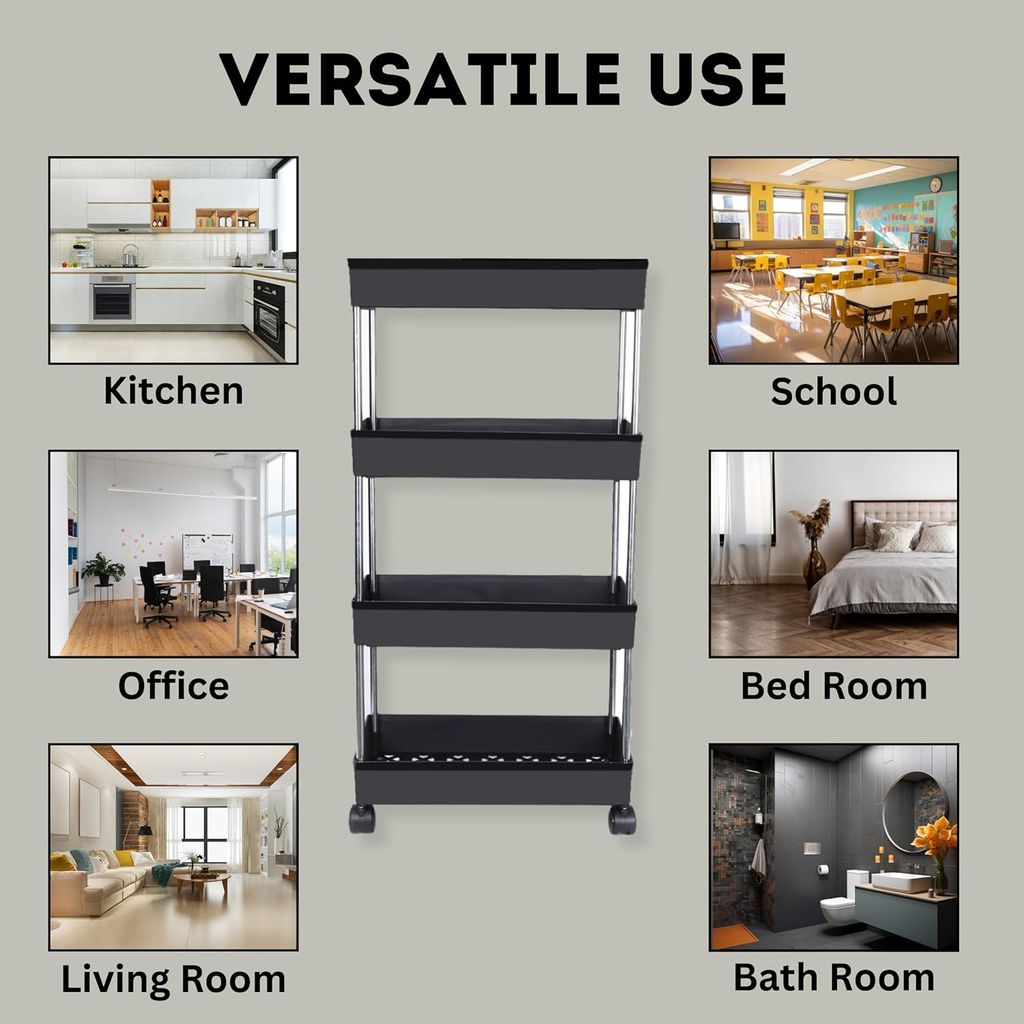  4-Tier Slim Rolling Utility Cart, Mobile Shelving Unit Organizer Storage Trolley Rack with Wheels and Handles for Kitchen, Bathroom, Office, Black