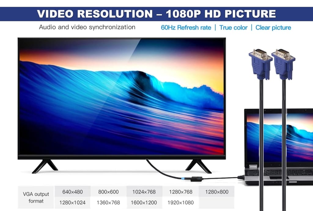 VGA Cable, 15 Pin Male to Male Cord for Computer Support Monitor, PC/Monitor/LCD/LED, Plasma, Projector, TFT