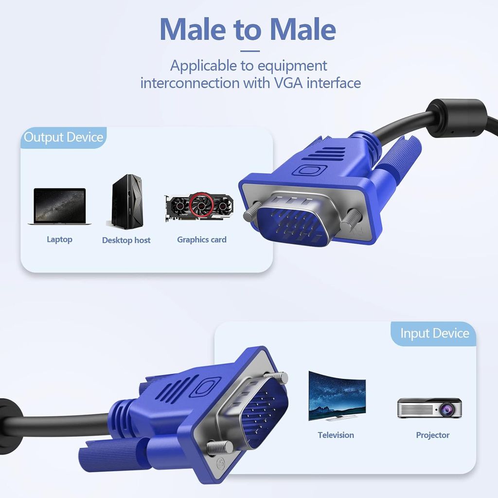 VGA Cable, 15 Pin Male to Male Cord for Computer Support Monitor, PC/Monitor/LCD/LED, Plasma, Projector, TFT
