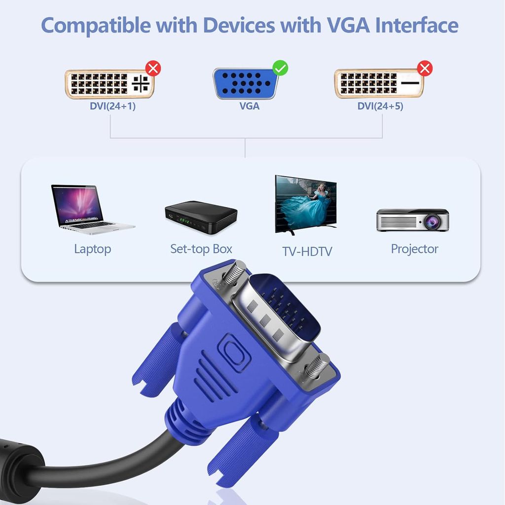 VGA Cable, 15 Pin Male to Male Cord for Computer Support Monitor, PC/Monitor/LCD/LED, Plasma, Projector, TFT