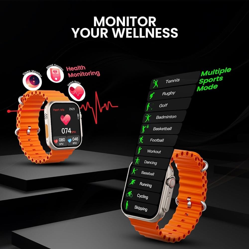 T800 Ultra Smart Watch with Beautiful Strap, Bluetooth Calling Smart Watch, 1.99" Touch Display with Fitness & Outdoor, Health & Medical Tracker, 8 Unique UI Interactions (Orange)