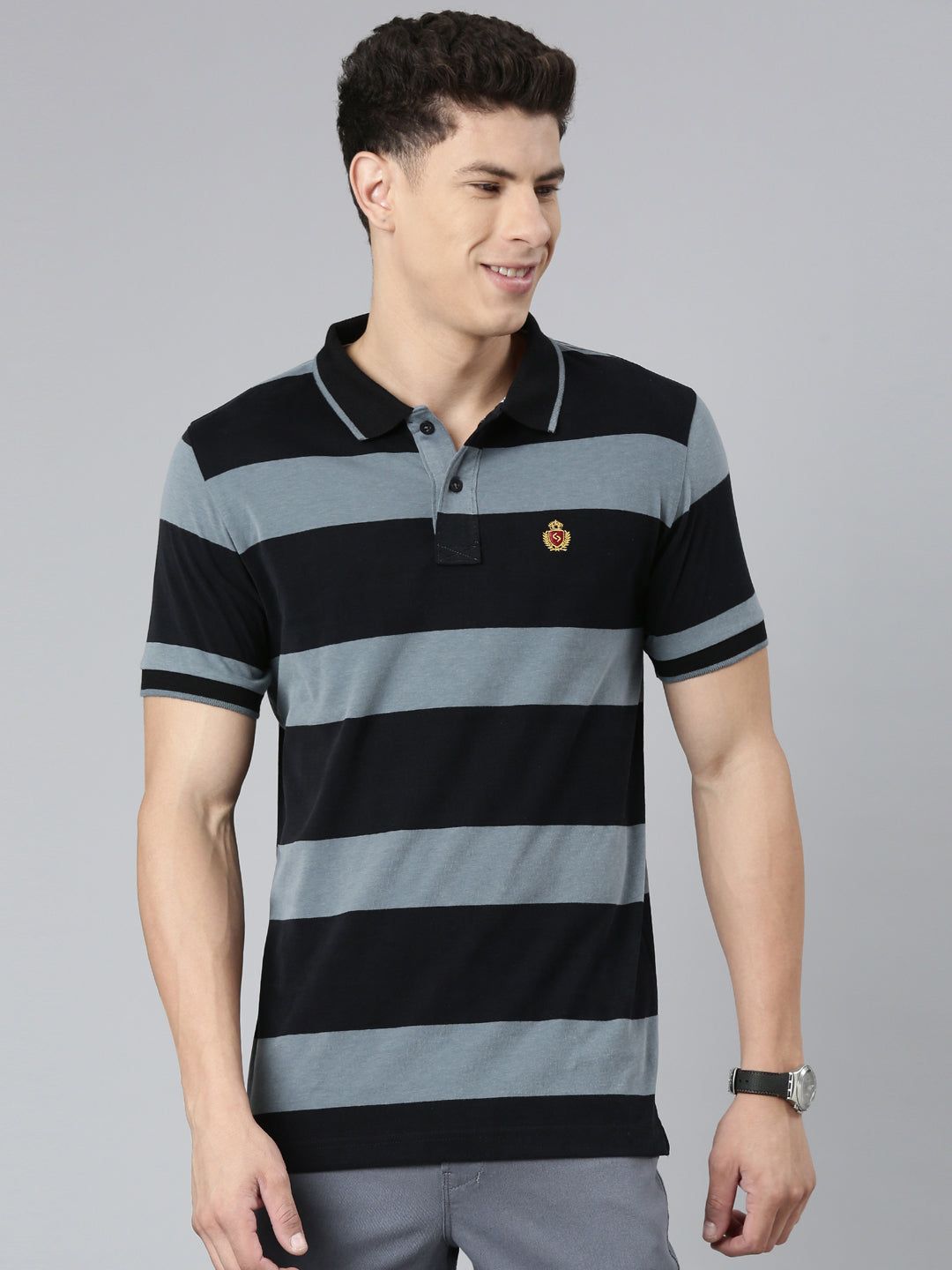 Classic Polo Mens Striped Black/Grey Polo Neck Slim Fit T-Shirt | CPEG - 325 B SF P
