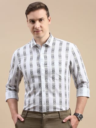 Classic Polo Men's Polo Neck Cotton Linen White/Grey Slim Fit Striped Shirt | LINEN-37B-FS-PRT-SF