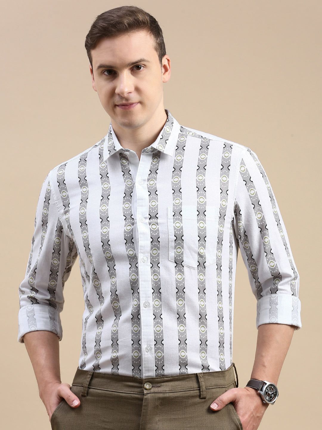 Classic Polo Men's Polo Neck Cotton Linen White/Grey Slim Fit Striped Shirt | LINEN-37B-FS-PRT-SF