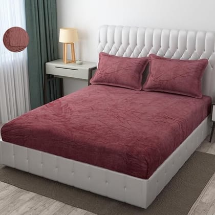Brevard International Double Bed Bedsheet |  190 GSM Flannel Super Soft Warm Elastic Fitted | With 2 Pillow Covers for Winters - 72x78x8 Inches, Mocha