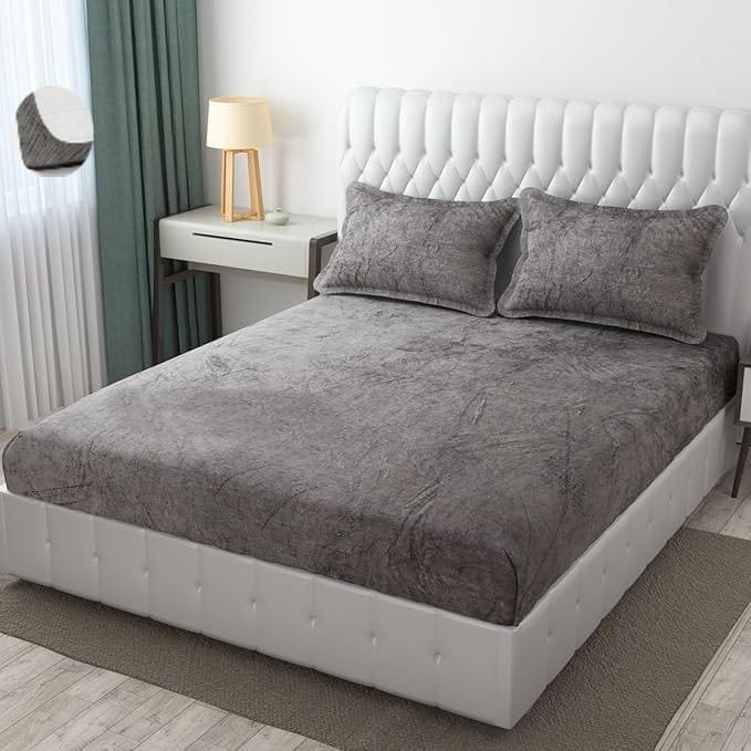 Brevard International Double Bed Bedsheet |  190 GSM Flannel Super Soft Warm Elastic Fitted | With 2 Pillow Covers for Winters - 72x78x8 Inches, Cadet Grey