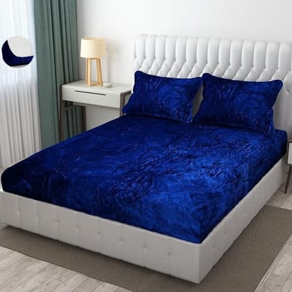 Brevard International Double Bed Bedsheet |  190 GSM Flannel Super Soft Warm Elastic Fitted | With 2 Pillow Covers for Winters - 72x78x8 Inches, Navy Blue