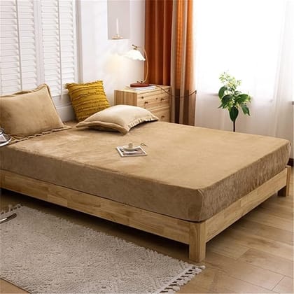 Brevard International Double Bed Bedsheet |  190 GSM Flannel Super Soft Warm Elastic Fitted | With 2 Pillow Covers for Winters - 72x78x8 Inches, Camel