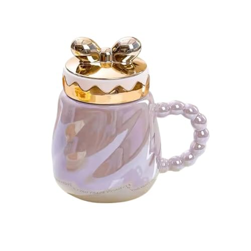 IZZHAAR Ceramic Mugs with Lids & Beaded Handle (450 ML) Microwave Safe Coffee Mug for Gift, Tea Mugs with Bow Lid, Drinking Cups (Purple)