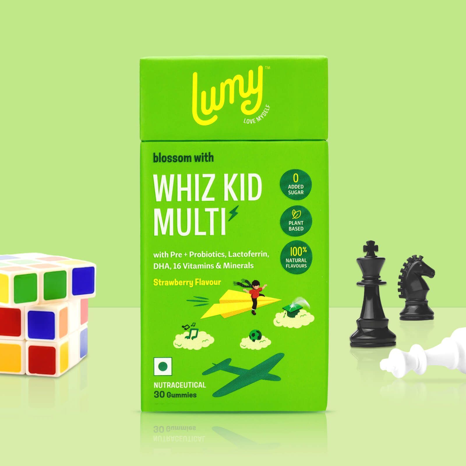 Lumy Whiz Kid Multivitamin Gummies with DHA for Immunity, Brain & Gut Health No Added Sugar Strawberry