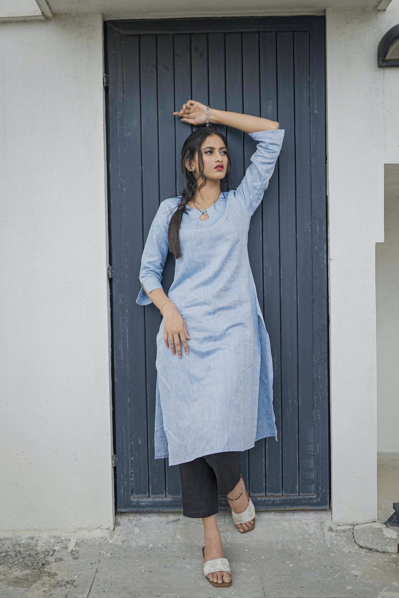 Women Hemp Navy Blue Straight Kurta