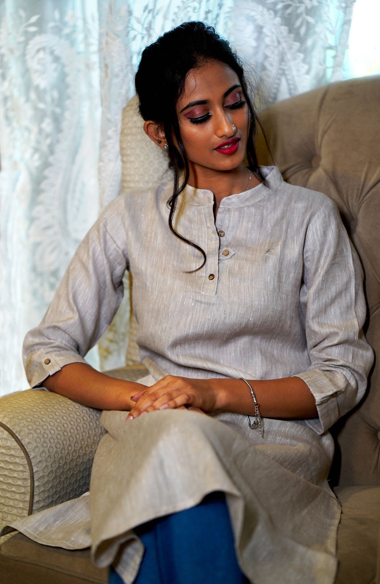 Women Hemp Beige Straight Kurta