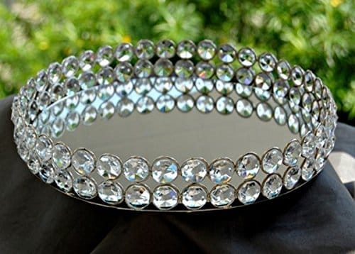Round Clear Beaded Glass Crystal Tray for Home Decor with Strong Metal Base & Reflective Mirrored Top/ Gift/Perfume/ Jewellery Organiser Tray / Wedding Ring Platter - By Marigold Stores®