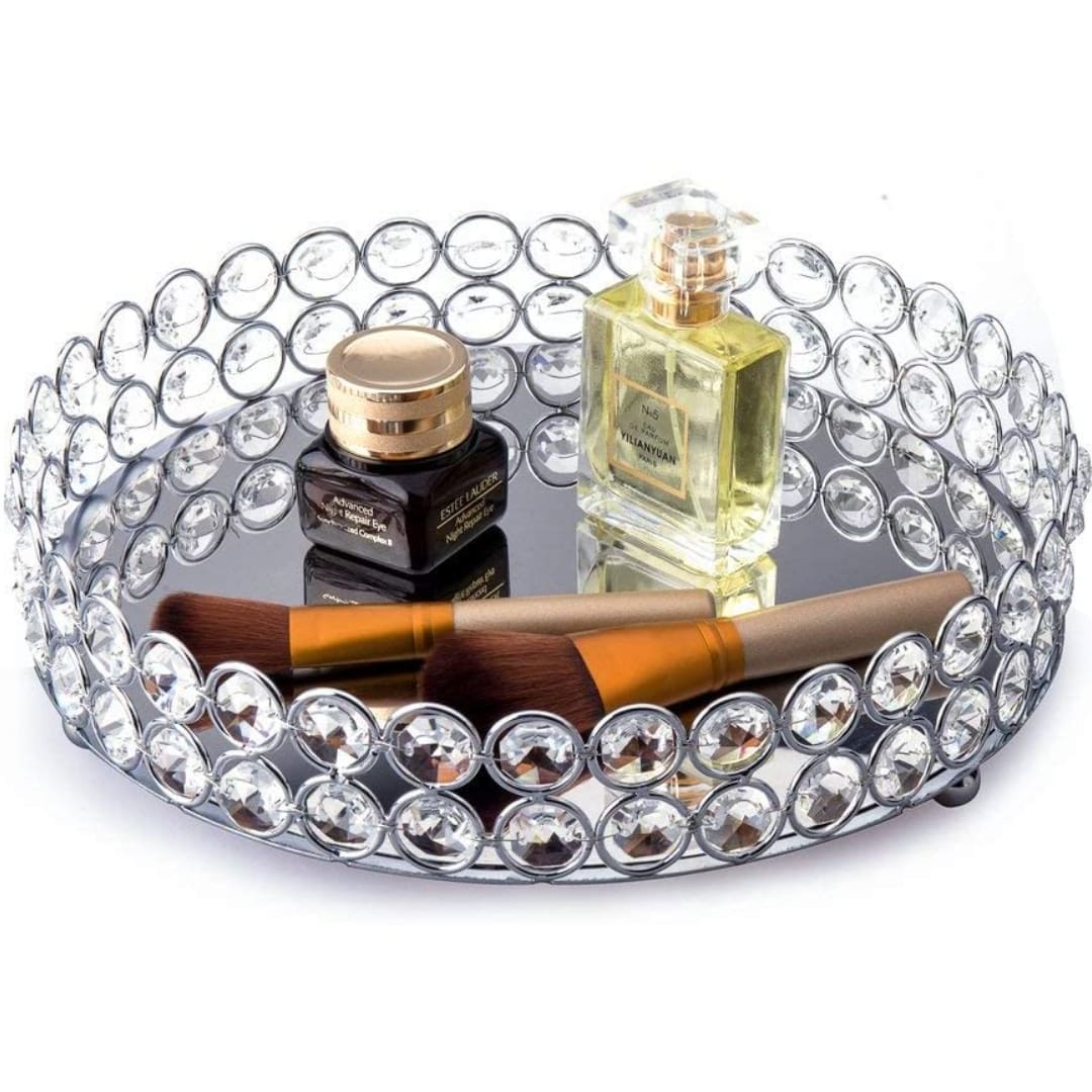 Round Clear Beaded Glass Crystal Tray for Home Decor with Strong Metal Base & Reflective Mirrored Top/ Gift/Perfume/ Jewellery Organiser Tray / Wedding Ring Platter - By Marigold Stores®